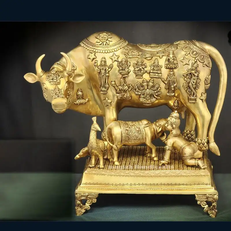 18 inches Brass Cow and calf/Kamadhenu Idol with Krishna Peacock with peetam SC