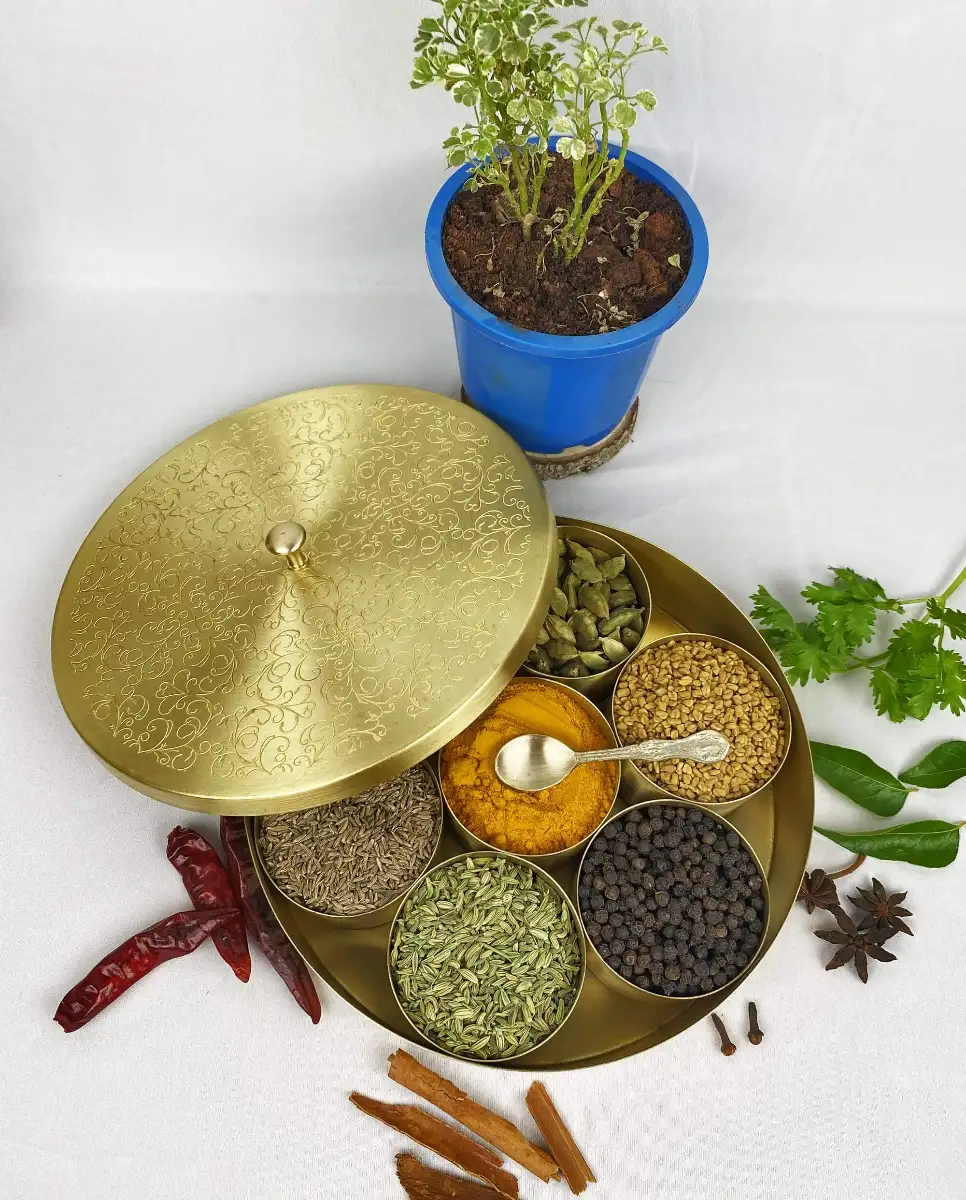 Brass unique engraved masala spices box dabba with brass spoon 7 containers