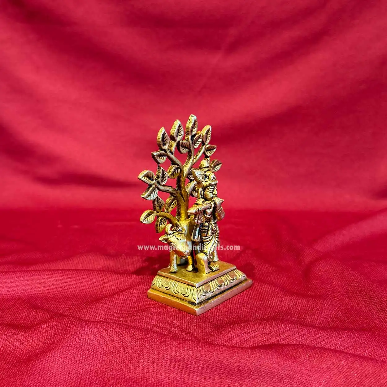 4 inches brass tree Krishna with cow idol - image 2