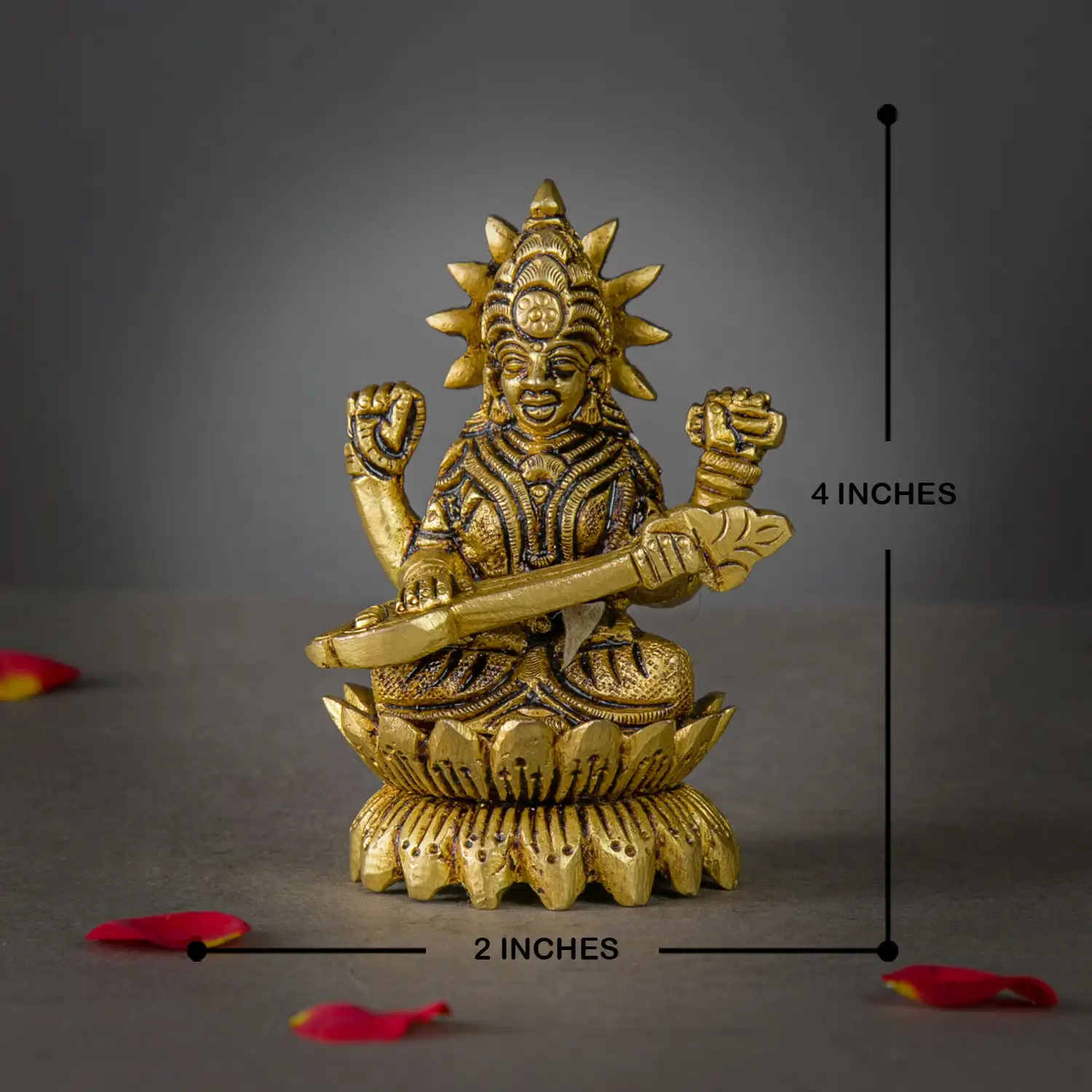 4 inches brass Goddess Saraswathi on Lotus idol - image 4