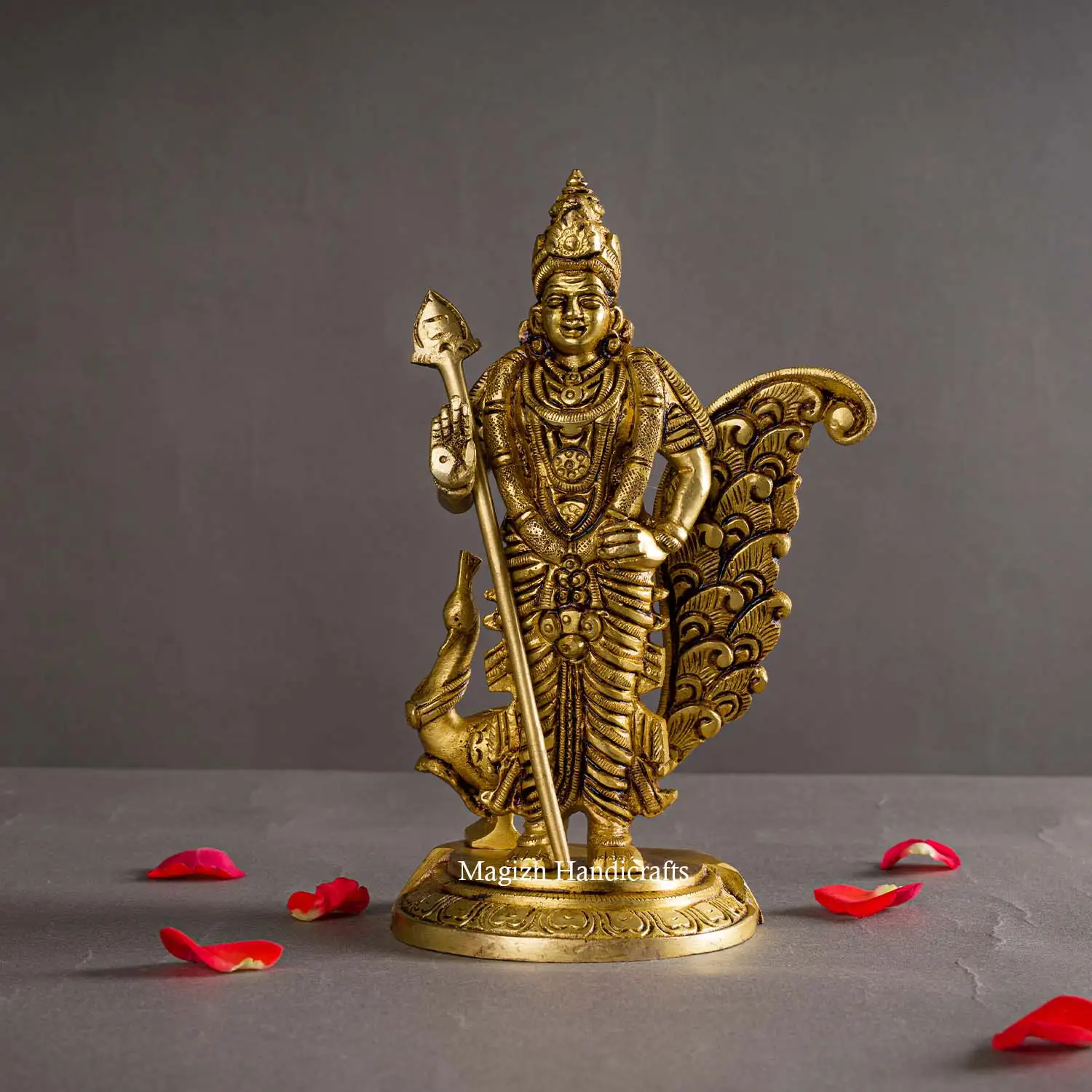 Brass Murugan with Vel and Peacock idol - 7 inches - image 1