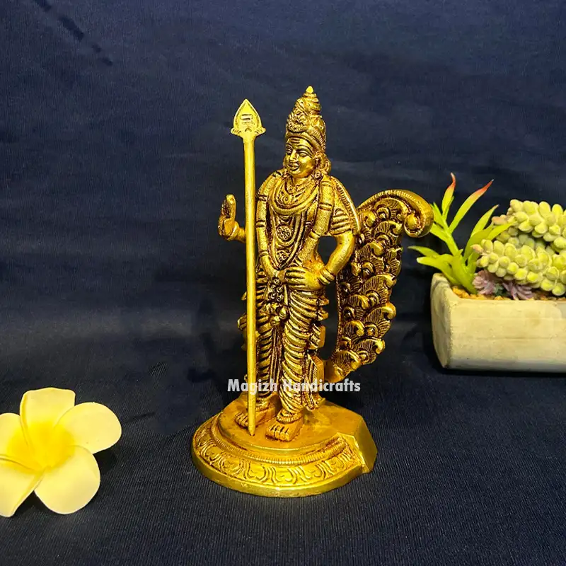 Brass Murugan with Vel and Peacock idol - 7 inches - image 3