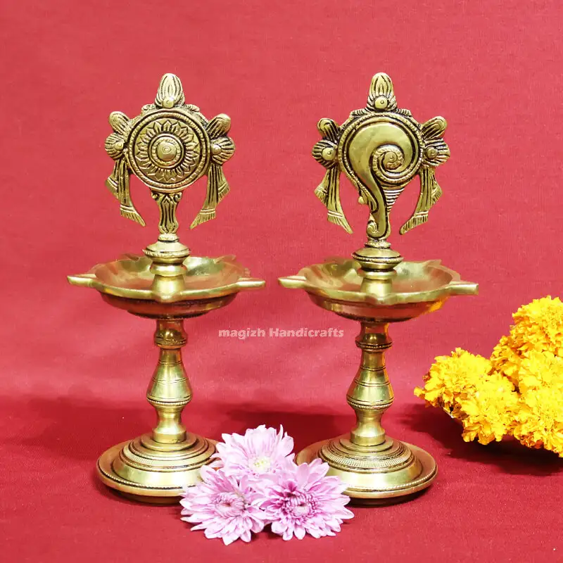 Brass Sangu Chakram Vilakku with stand 9 inches