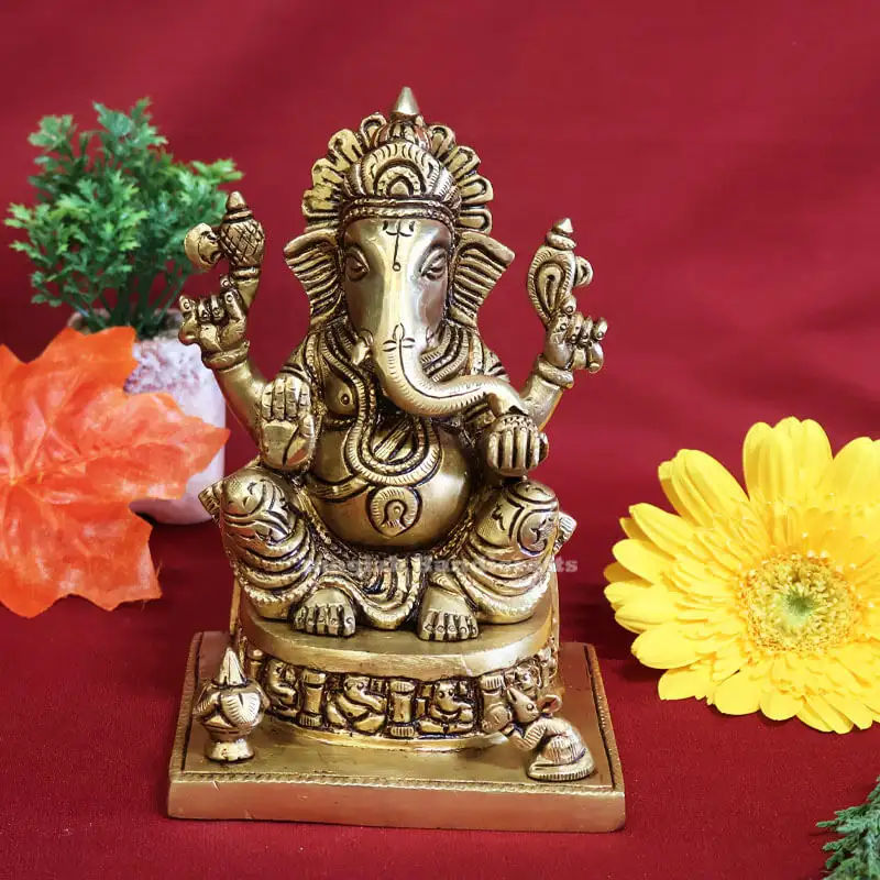 6 inches Brass Sitting Ganesha Idol Rec Base SC