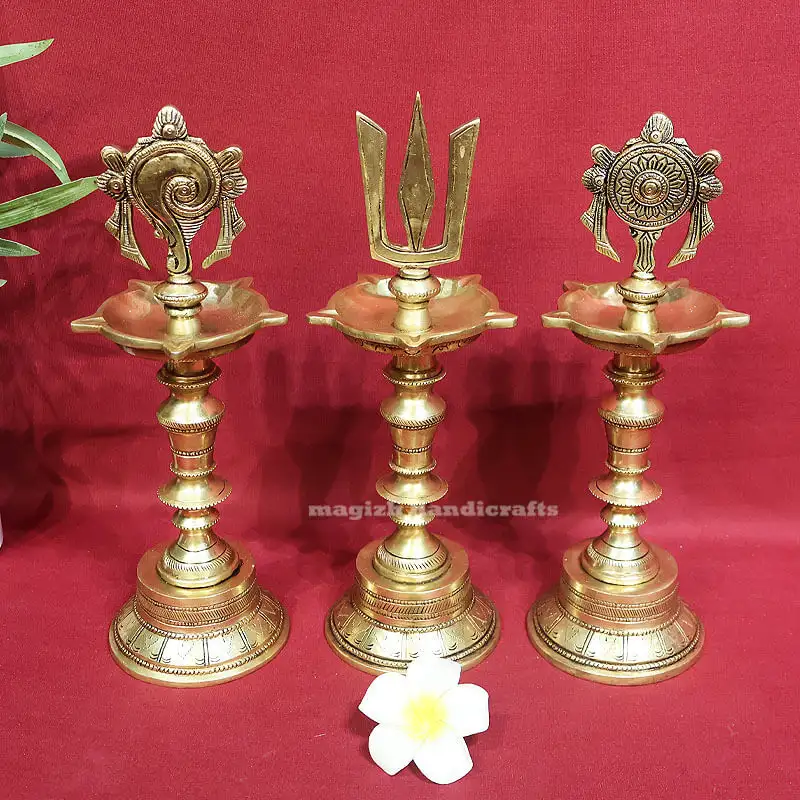 12 inches Brass Perumal Sangu Chakram and Namam Kuthu Vilakku SC - secondary