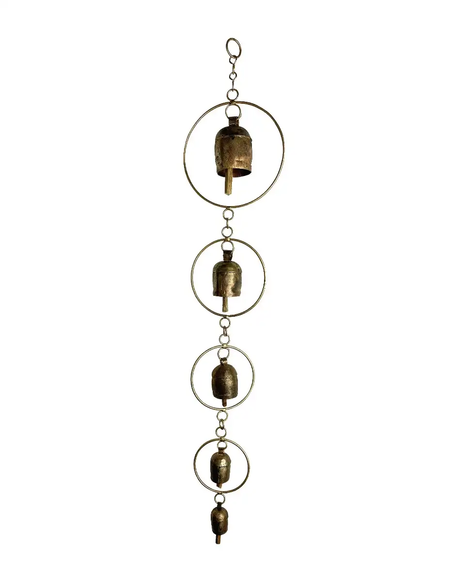 Iron metal and copper mix Kutch wind chimes of 5 bells in ring fengsui