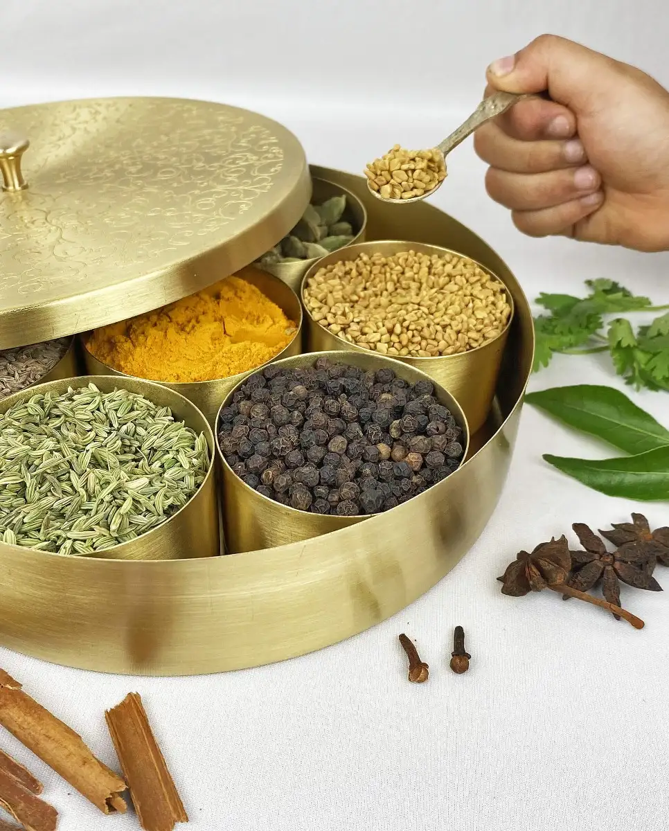 Brass unique engraved masala spices box dabba with brass spoon 7 containers - image 3