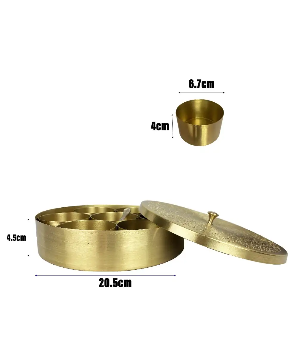 Brass unique engraved masala spices box dabba with brass spoon 7 containers - image 7