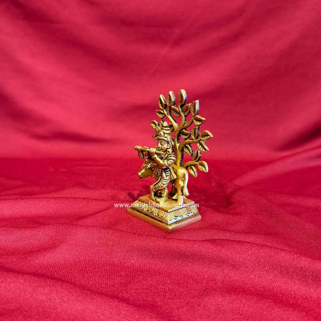 4 inches brass tree Krishna with cow idol - image 3