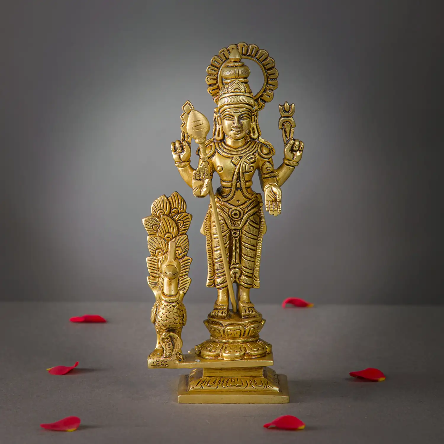 8 inches brass standing Murugan with side Peacock idol