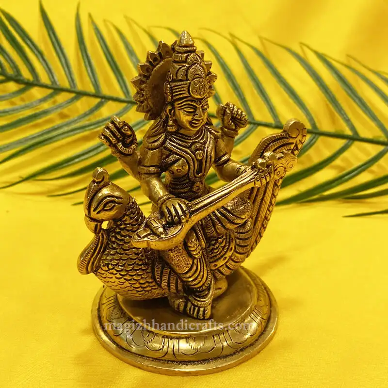 Brass Peacock Saraswathi idol-4.5 inches - image 3