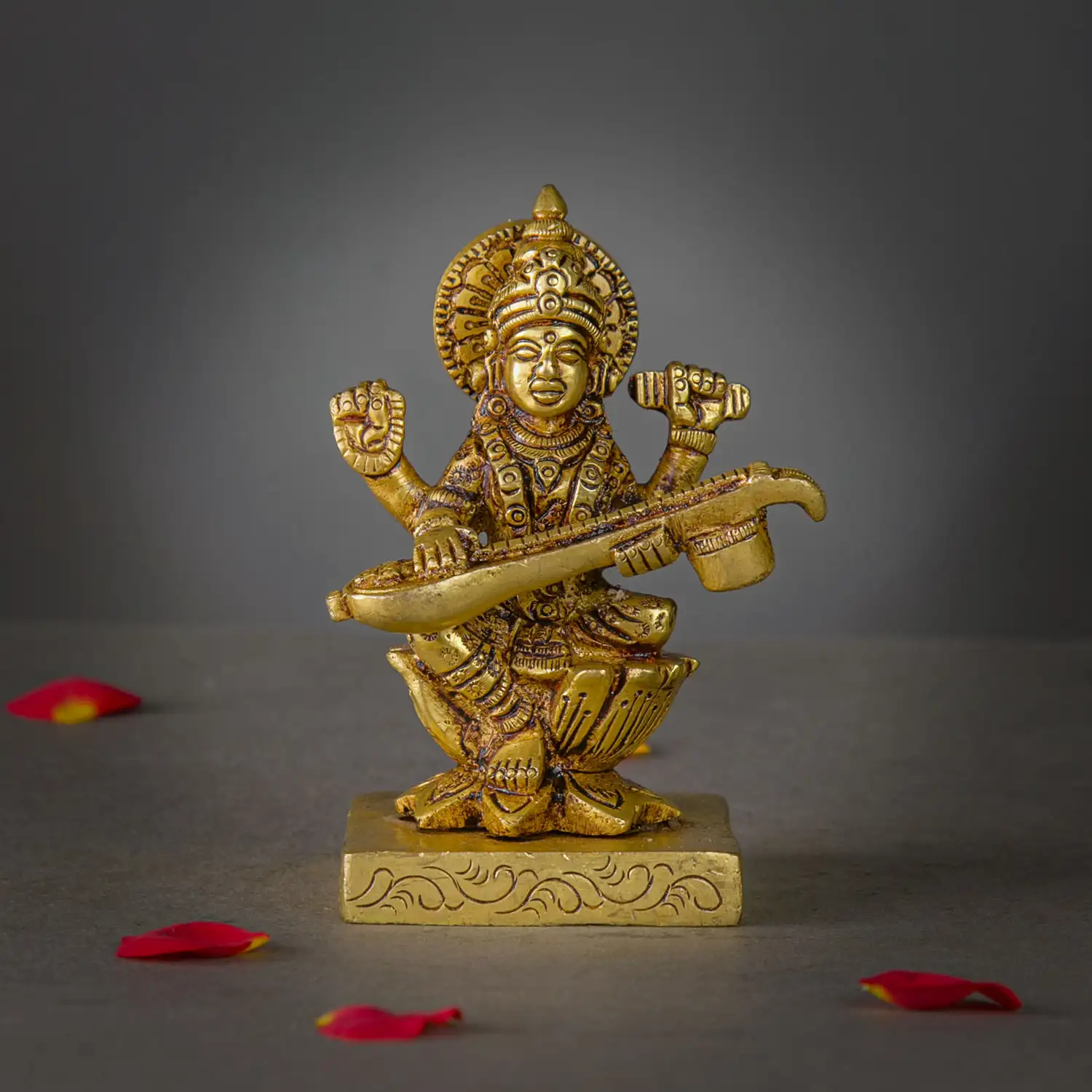4 inches brass Goddess Saraswathi on Lotus square peetam idol - image 1