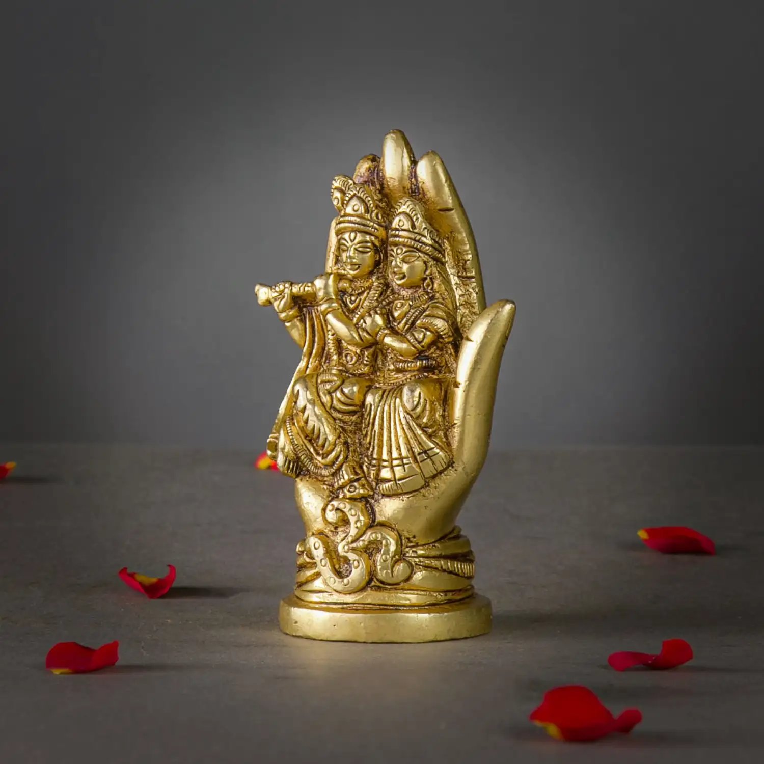 4 inches brass Radha Krishna sitting on hand idol - image 2