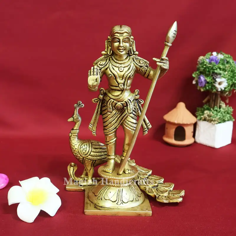 8.5 Inches Brass Bala Murugan idol with peacock and Vel - image 1