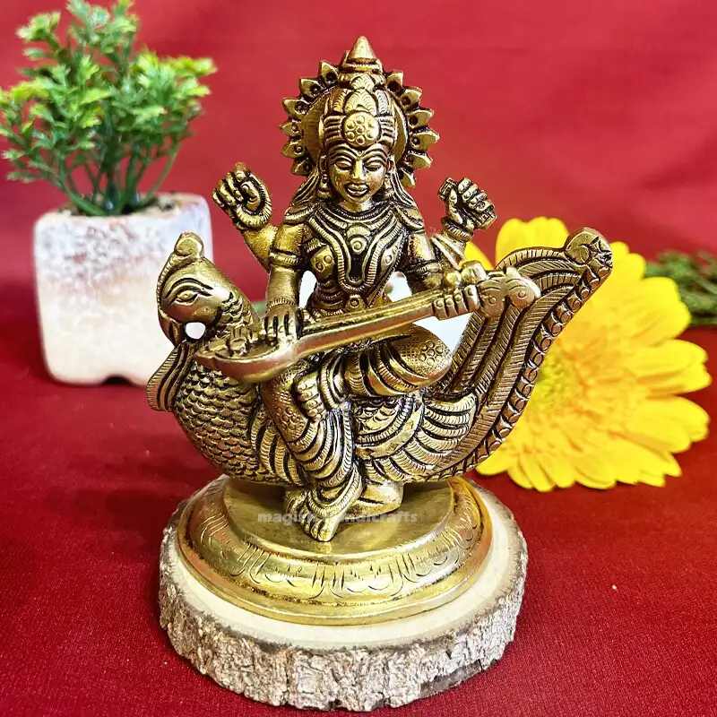 Brass Peacock Saraswathi idol-4.5 inches