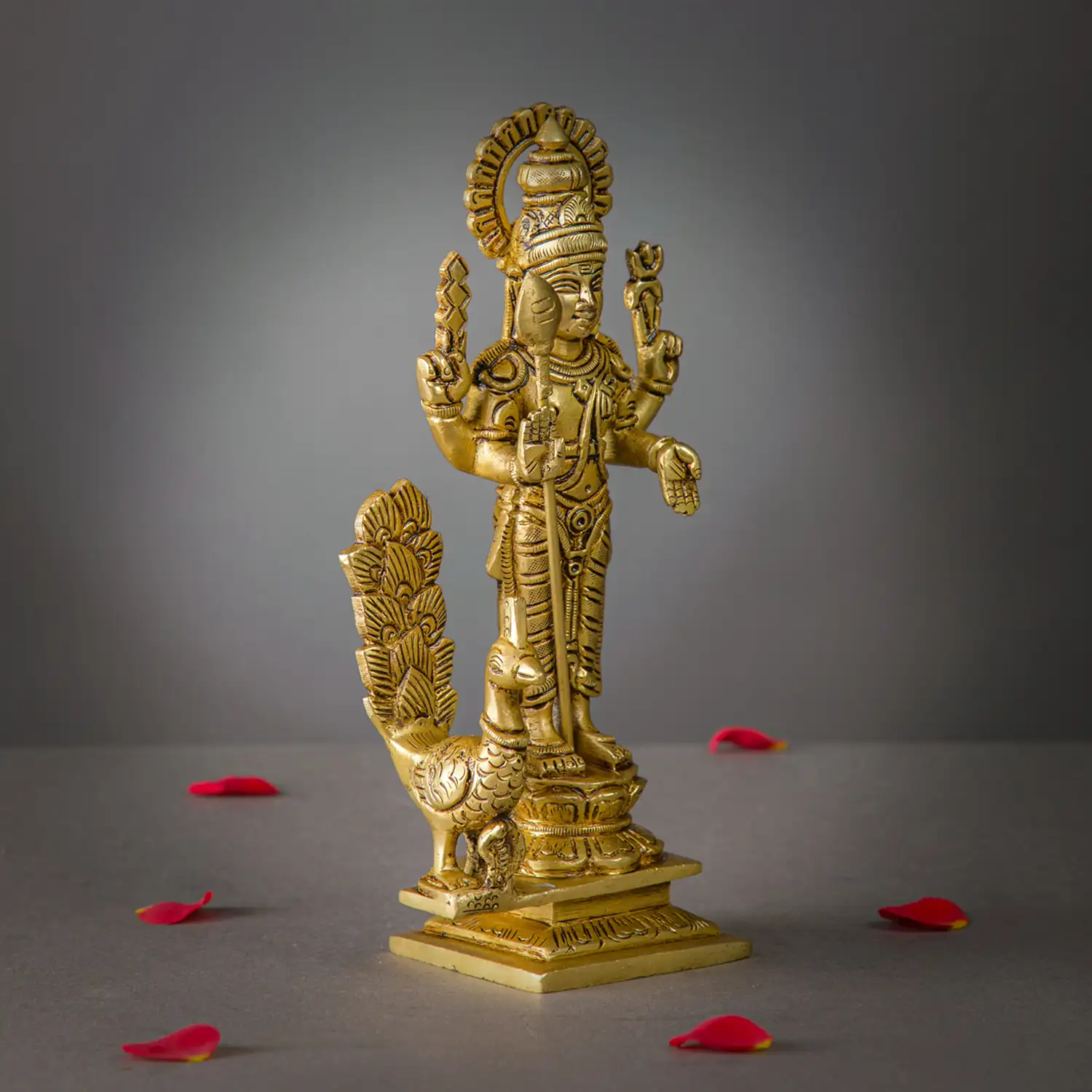 8 inches brass standing Murugan with side Peacock idol - image 3