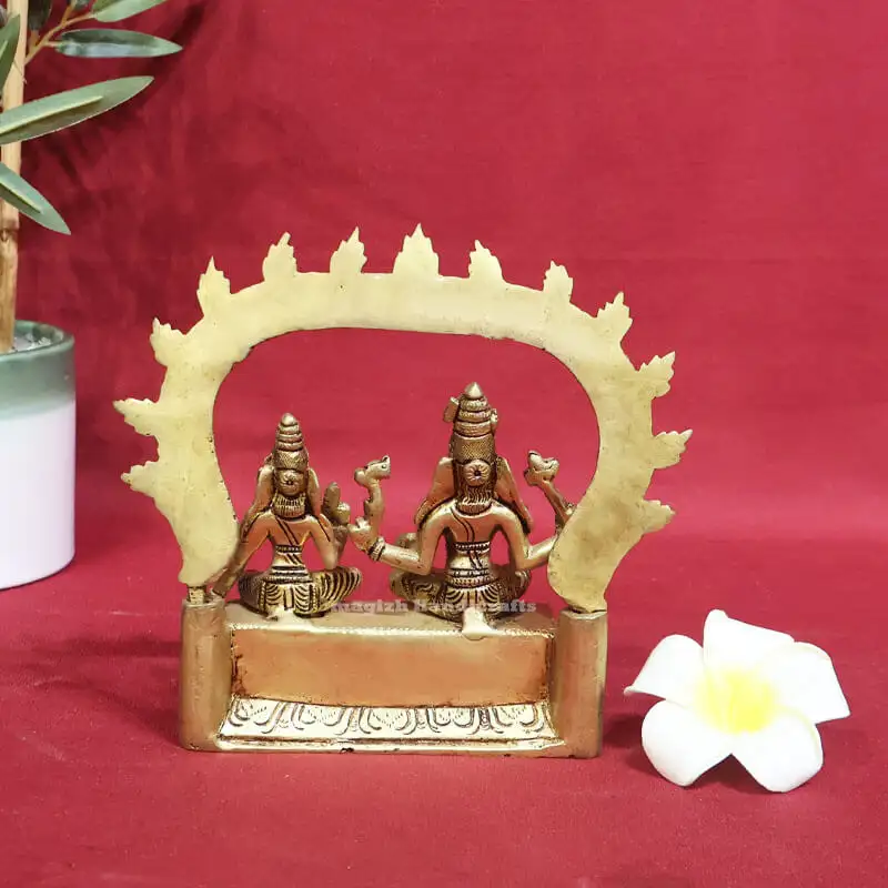 6 inches brass Sitting Lord Shiva and Parvathi with Thiruvachi and Peetam - image 3