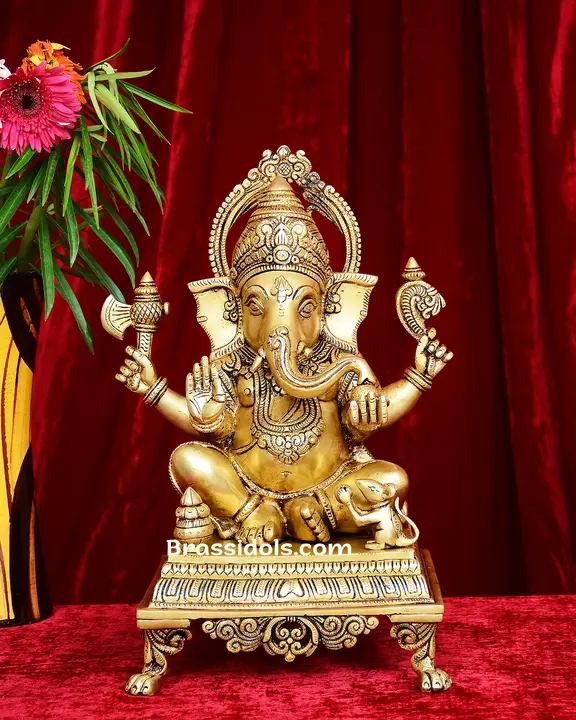 Brass Chowki Square Base Ganesh idol - 15 inches - image 5