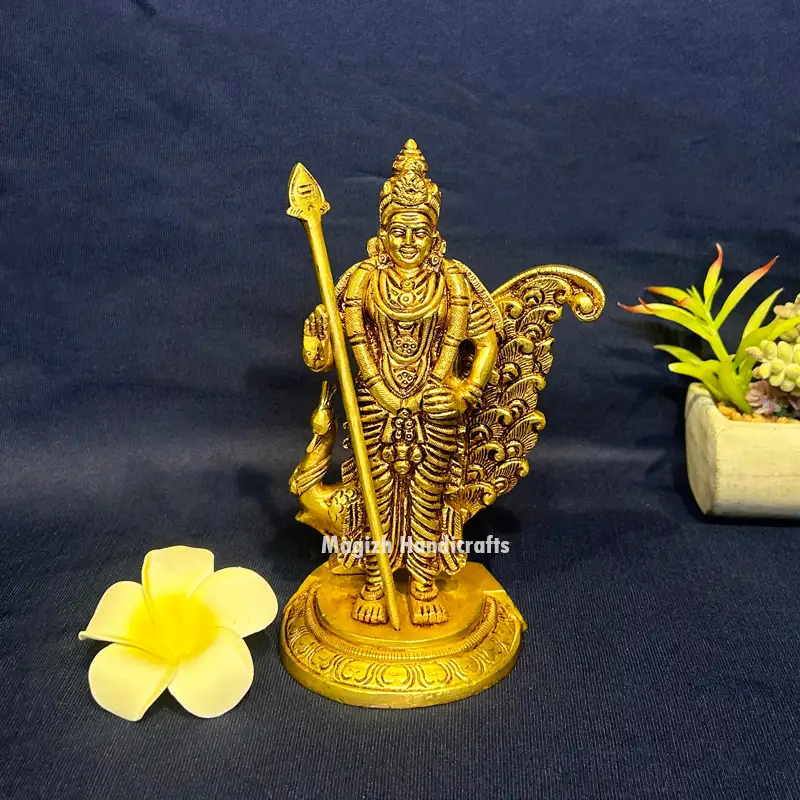 Brass Murugan with Vel and  Peacock idol - 7 inches
