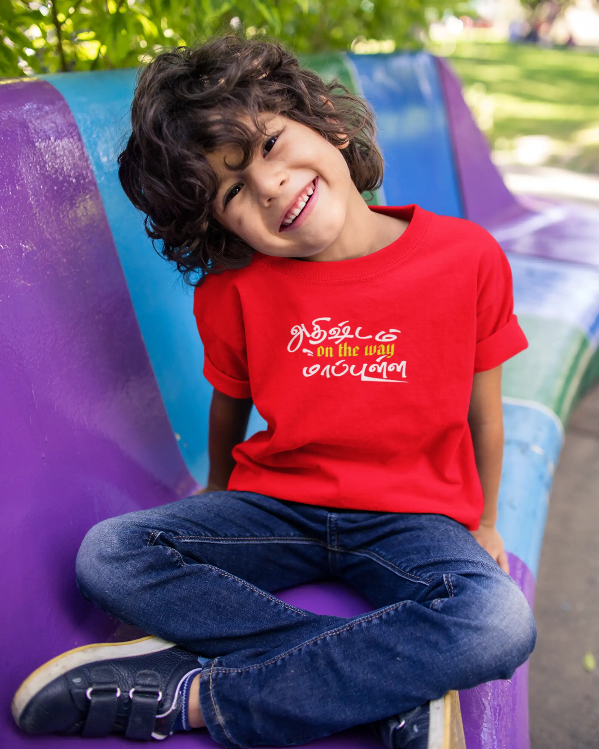 Kids Round Neck Adhirshtam On The Way Maapulla-Red