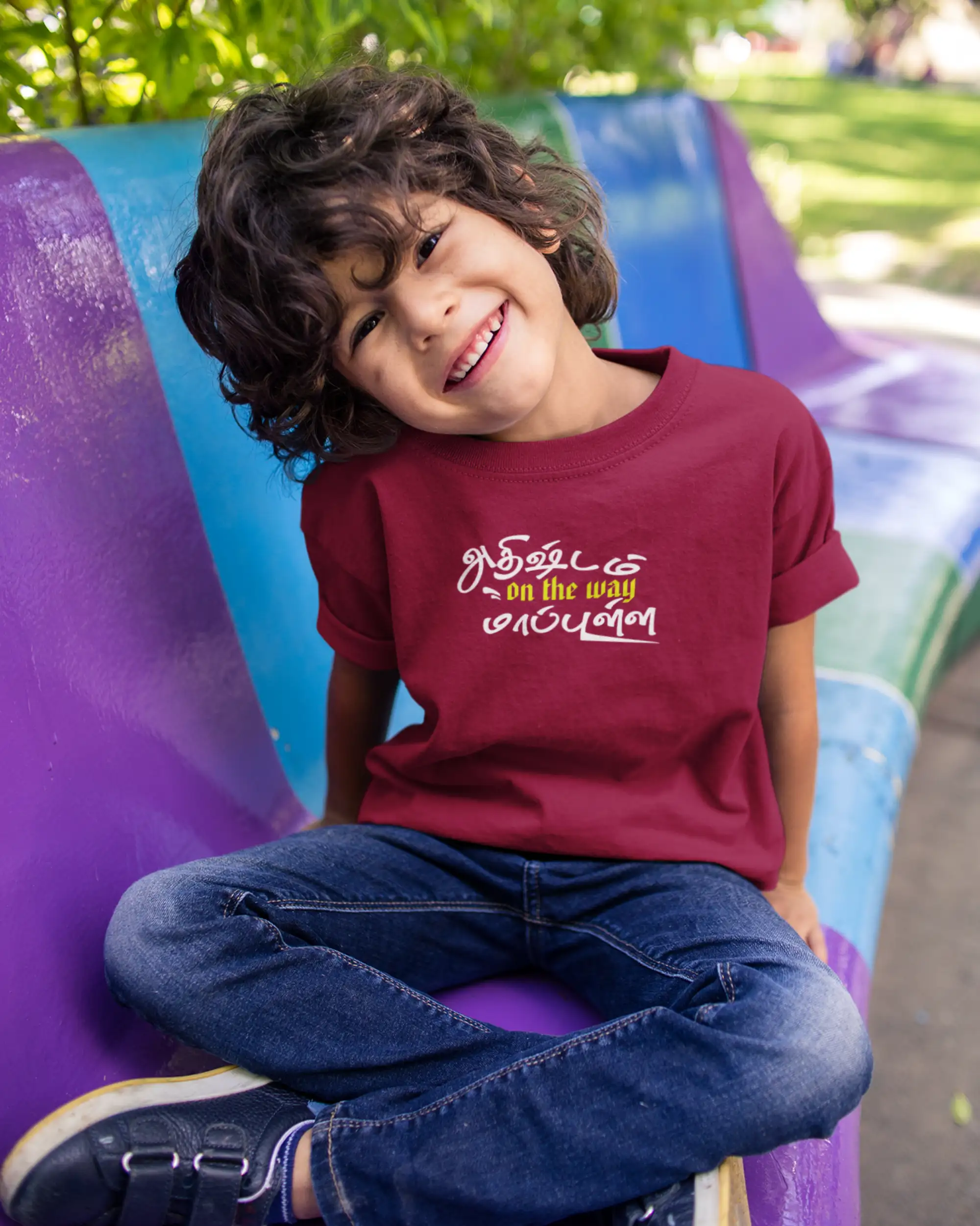 Kids Round Neck Adhirshtam On The Way Maapulla-Maroon